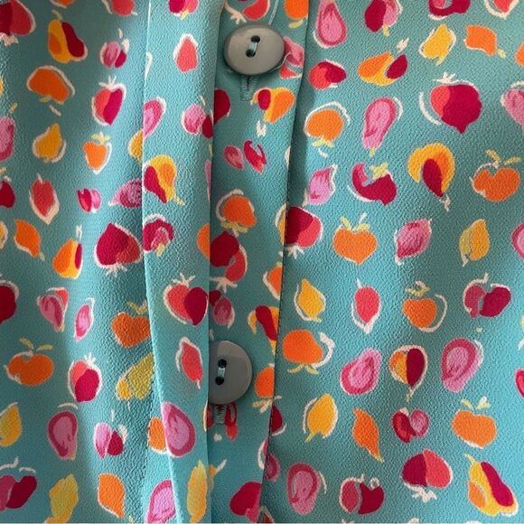 VINTAGE 90s Liz Claiborne Fruit Print Button Front Midi Dress Blue - Picture 5 of 11